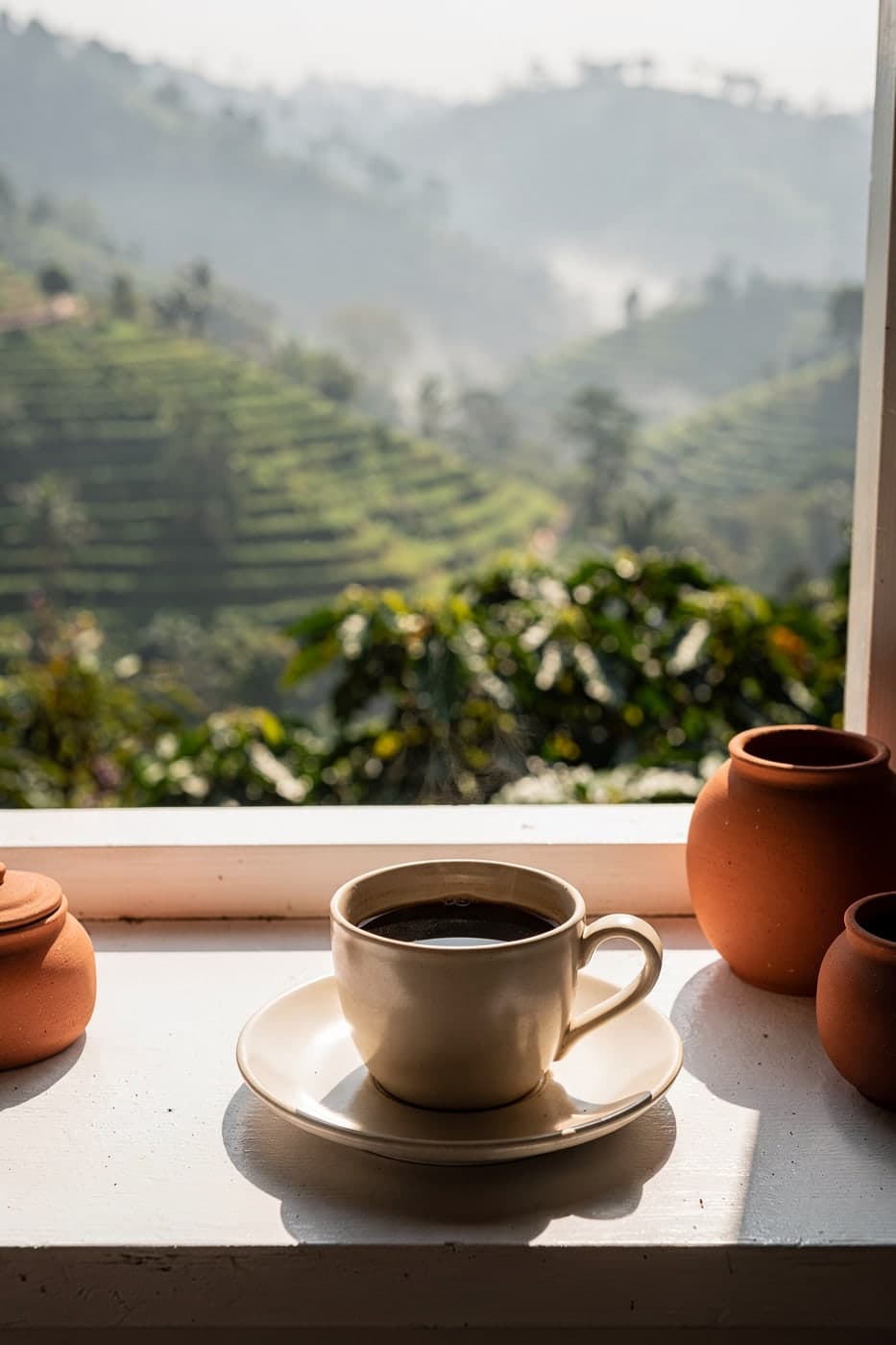 A cup of coffee on a window sill overlooking misty terraced coffee hills