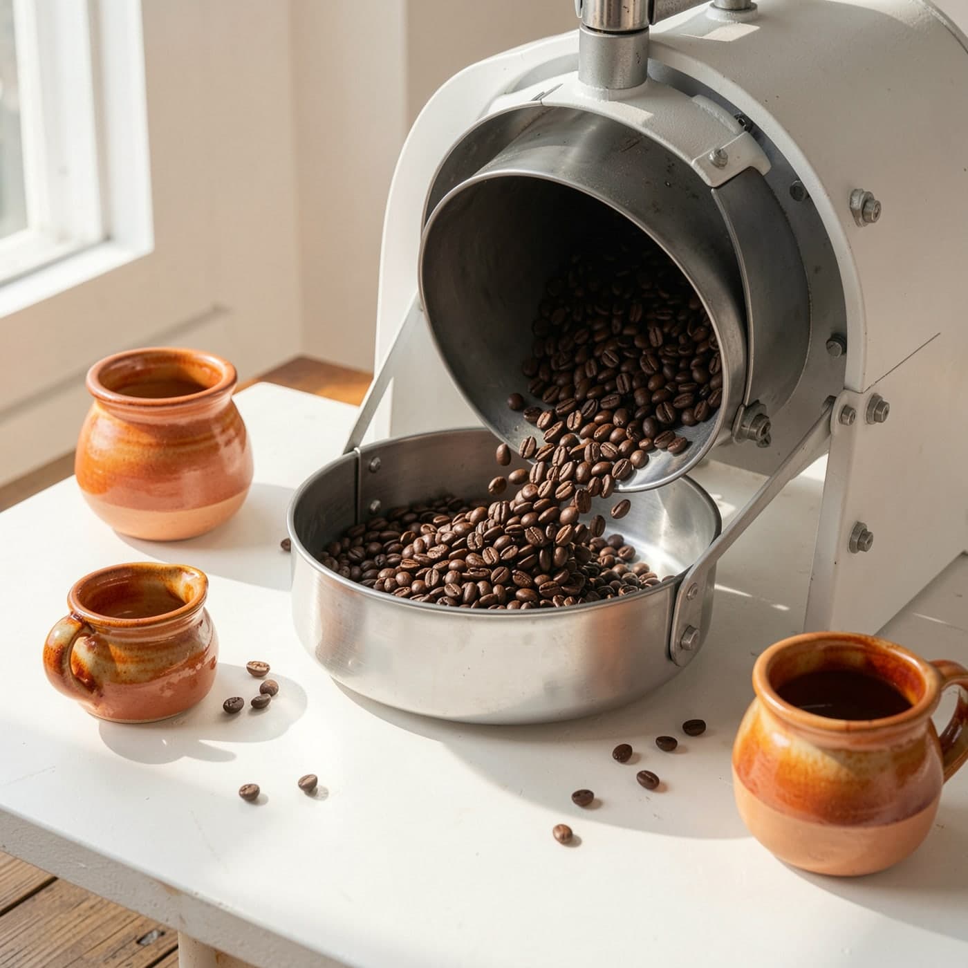 Freshly roasted coffee beans tumbling into a roaster's cooling tray