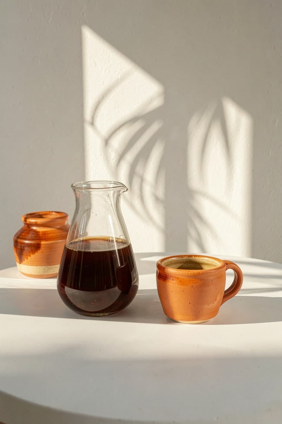 A glass carafe of brewed coffee and a terracotta cup in afternoon sun