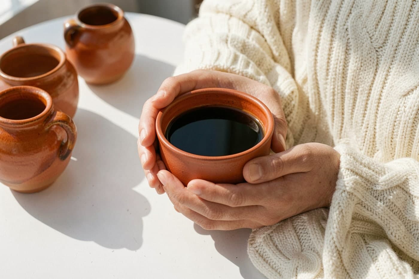 Hands holding a rust-orange cup of black coffee against a cream sweater