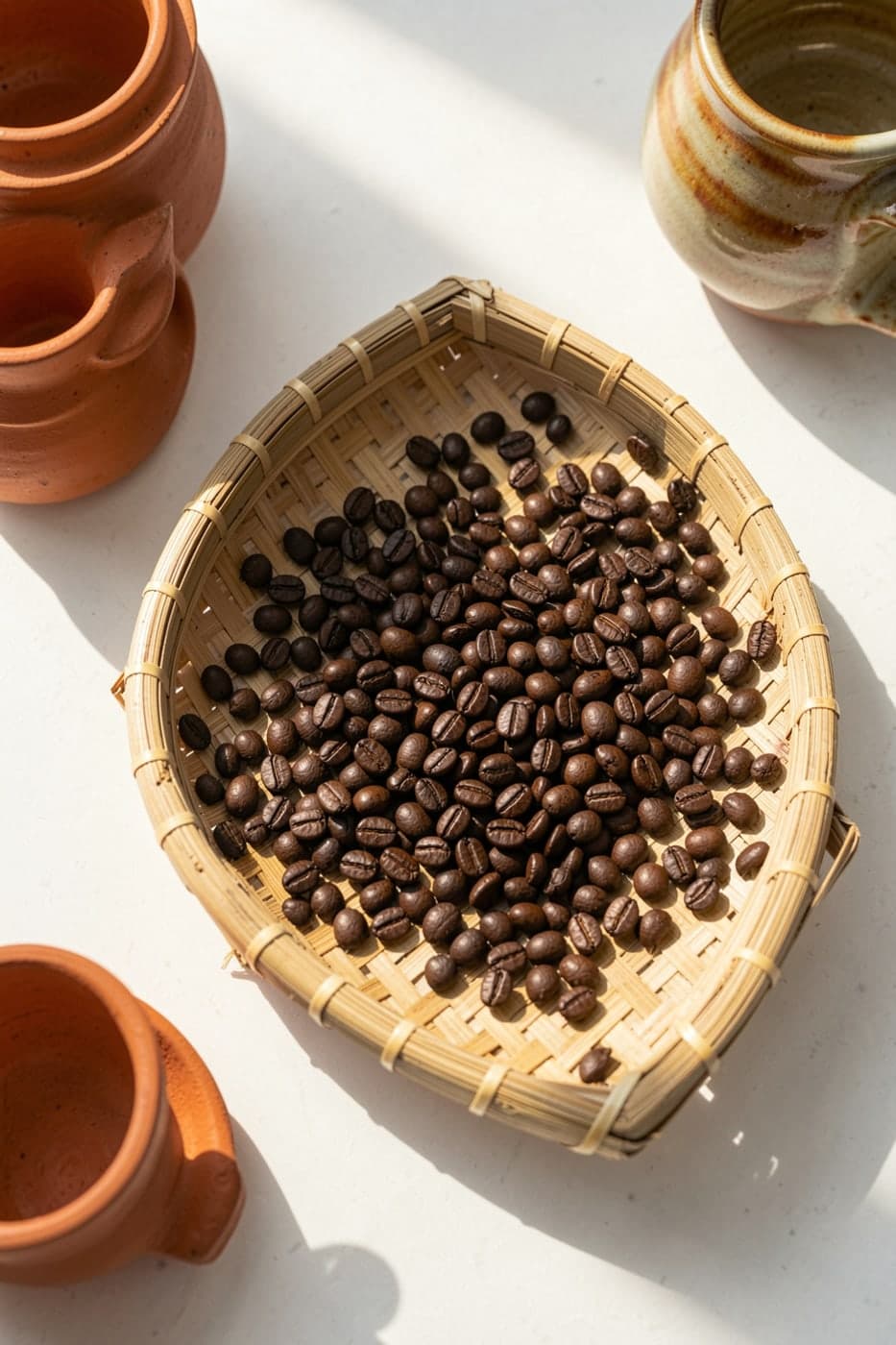 Dark roasted coffee beans on a woven bamboo tray in warm sunlight