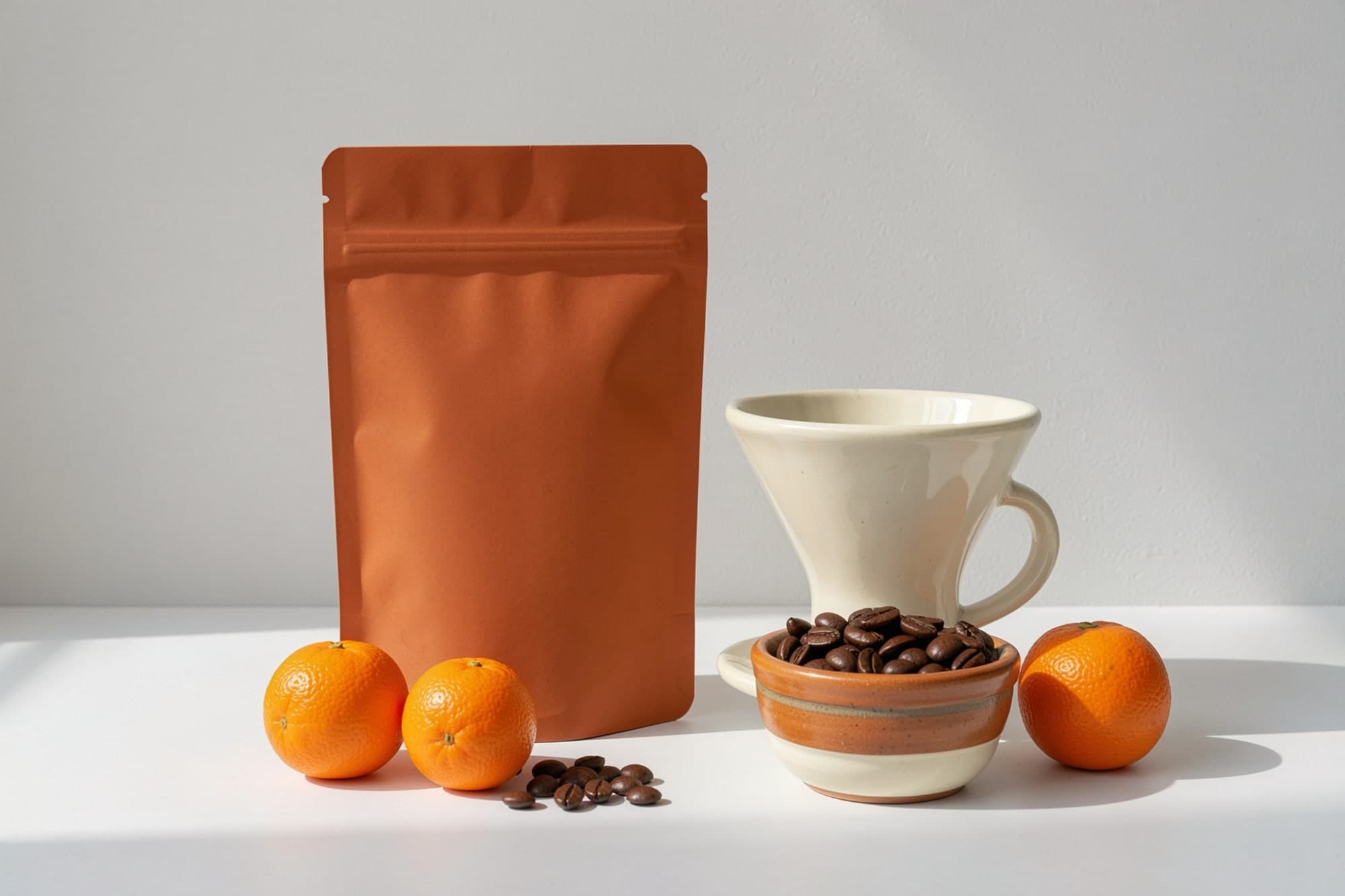 A plain orange coffee pouch beside a cream ceramic dripper, a bowl of roasted beans and mandarins