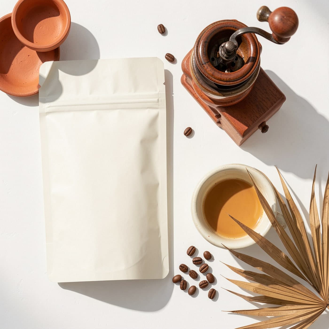 A coffee pouch, hand grinder, cup of coffee and scattered beans laid out on white