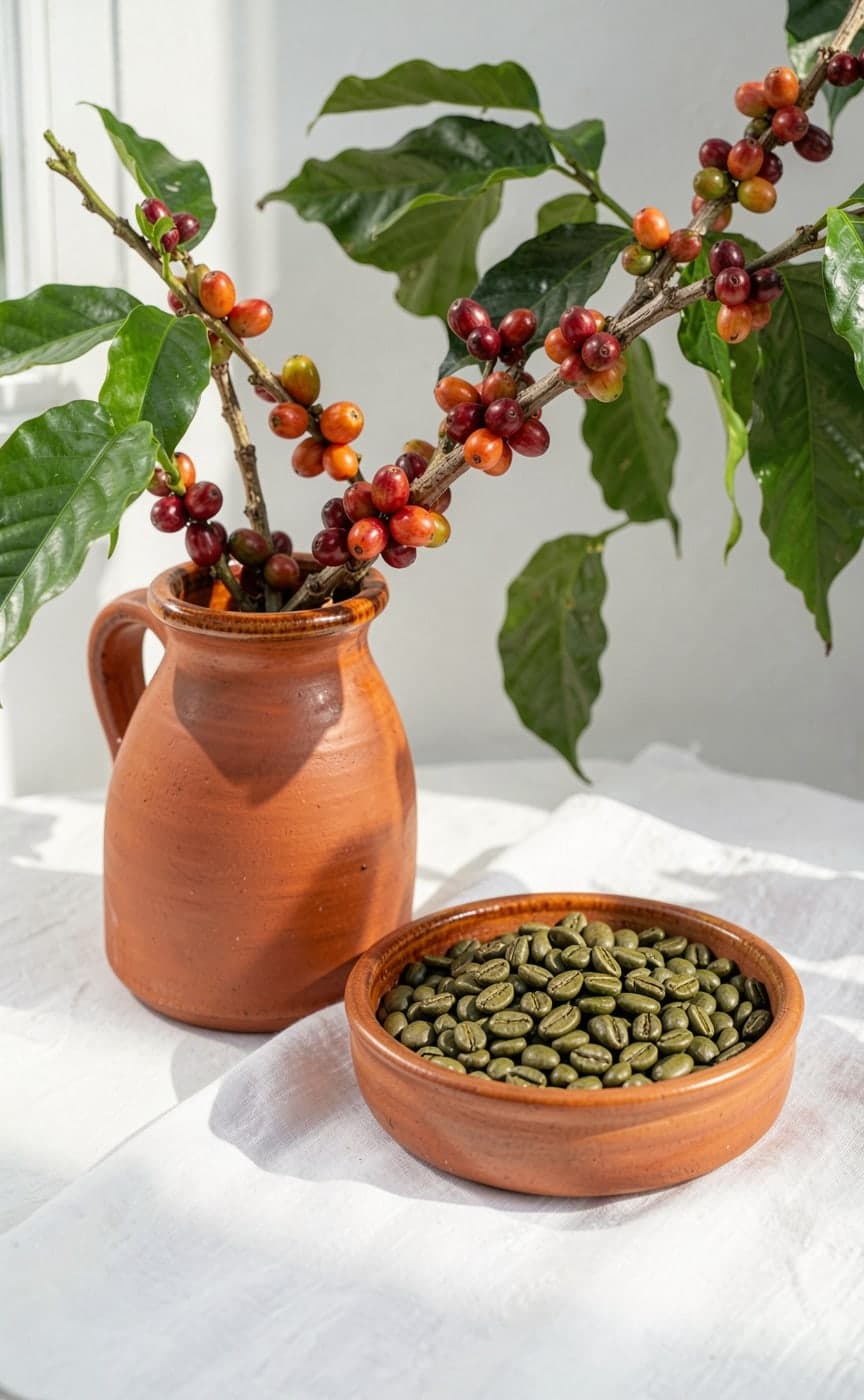 Coffee branches with ripe red cherries in a terracotta jug beside a bowl of green beans