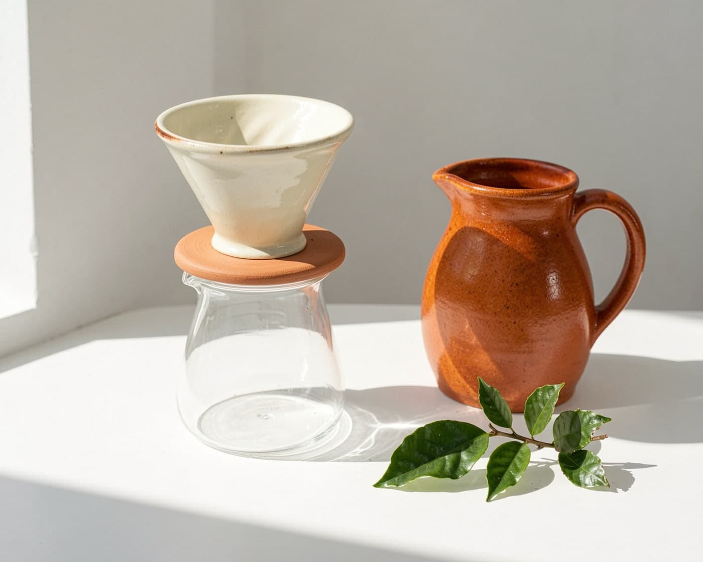 A cream ceramic dripper on a glass carafe beside a terracotta jug and coffee leaves